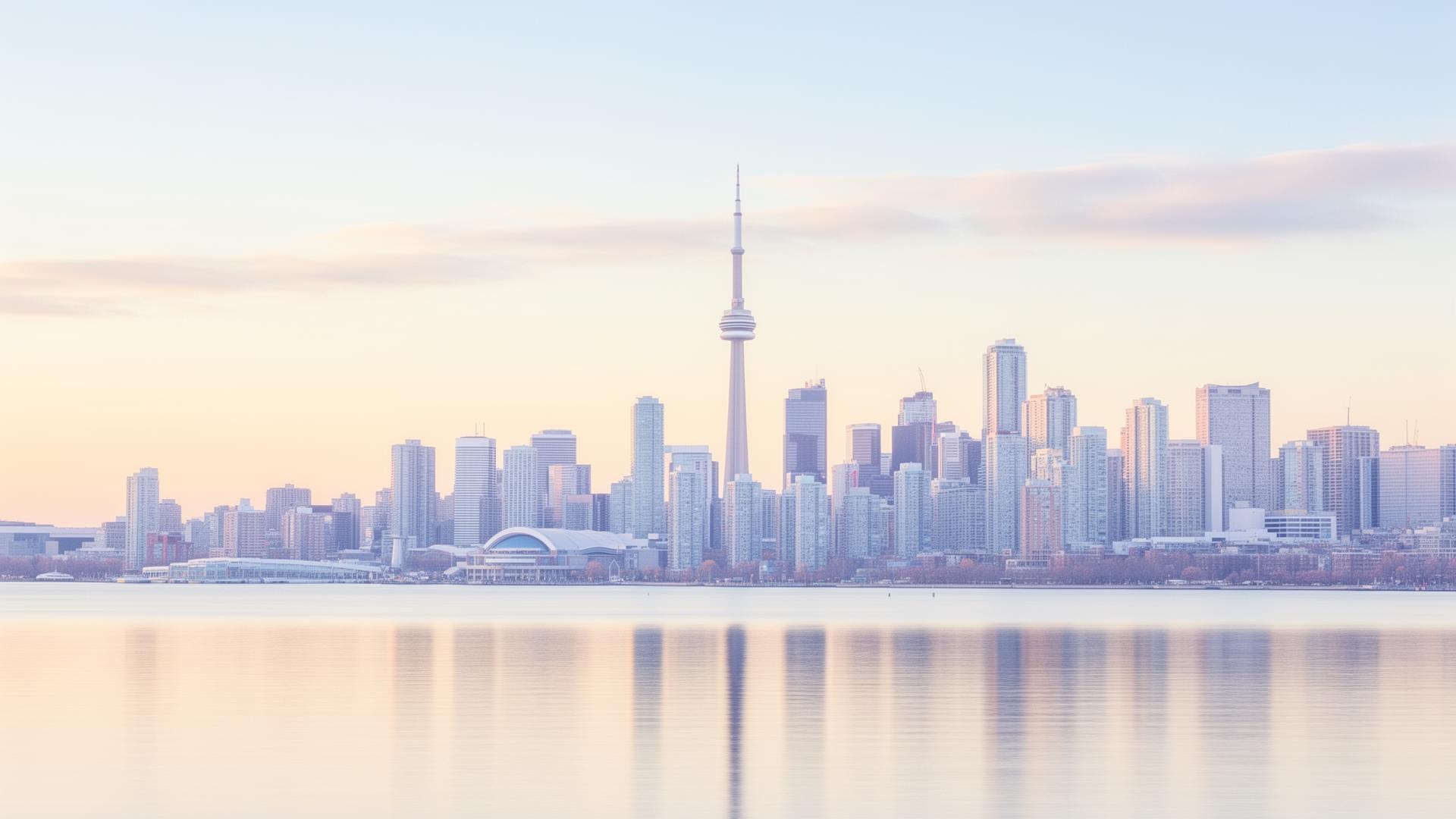 Toronto skyline reflected on Lake Ontario at soft dawn